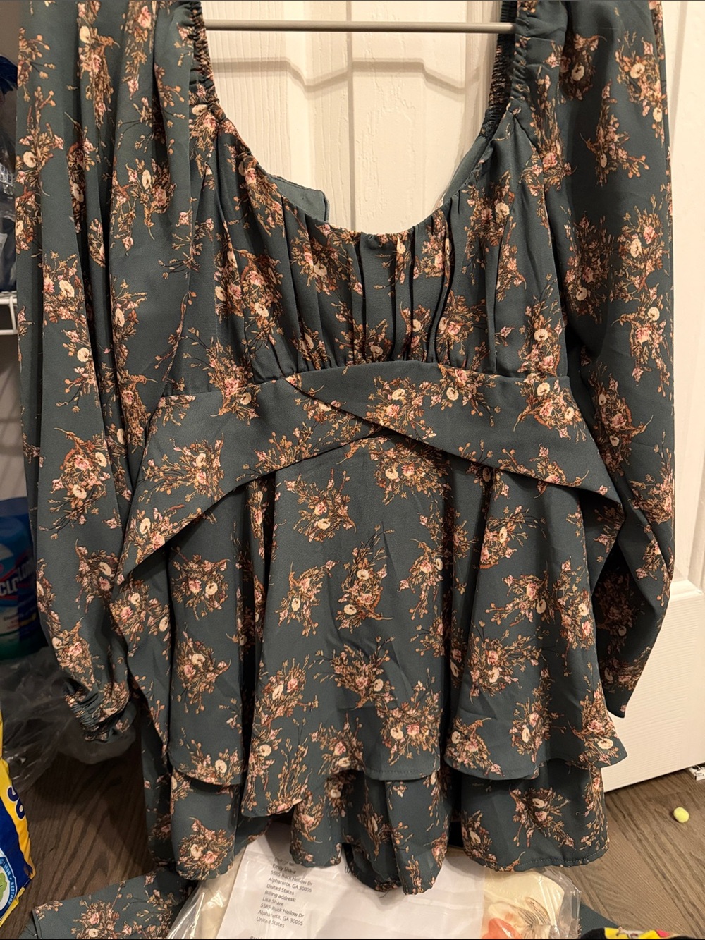 Women’s Altar’d State Green Long Sleeve Romper, tie back.